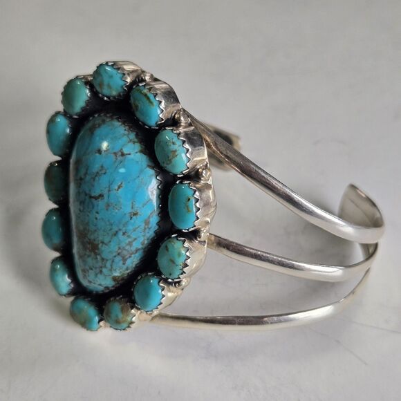 Vintage Navajo Sterling Turquoise Cluster Cuff Bracelet 48g Large 7.5" Stamped - Picture 5 of 13